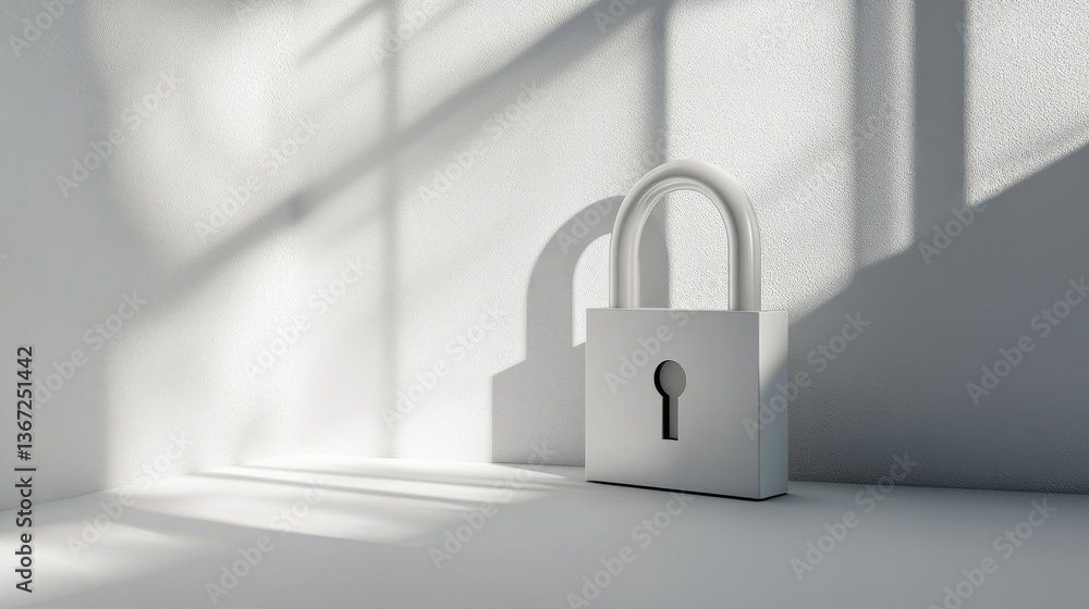 Fototapeta premium A smooth matte finished padlock floats effortlessly against a clean white background emphasizing security. Soft shadows create a minimalist aesthetic, highlighting the simplicity of protection.