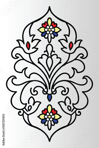 Black and white floral ornament with skull and vintage decorative elements.