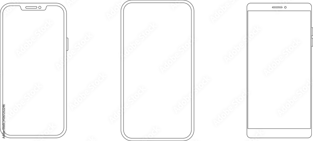 Outline line drawing modern smartphone. Elegant thin stroke line style design. Elegant thin line stroke style design smartphone Outline line drawing modern smartphone. Elegant thin stroke line style design. Elegant thin line stroke style design smartphone