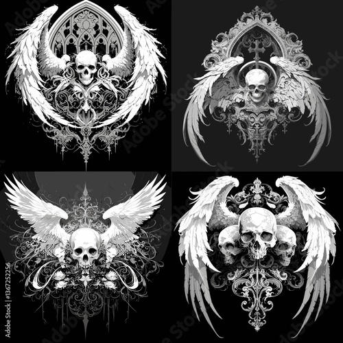 Gothic skull illustrations with angel wings and ornate baroque elements in black and white. Perfect for tattoo art, dark fantasy, rock design, and alternative fashion.

