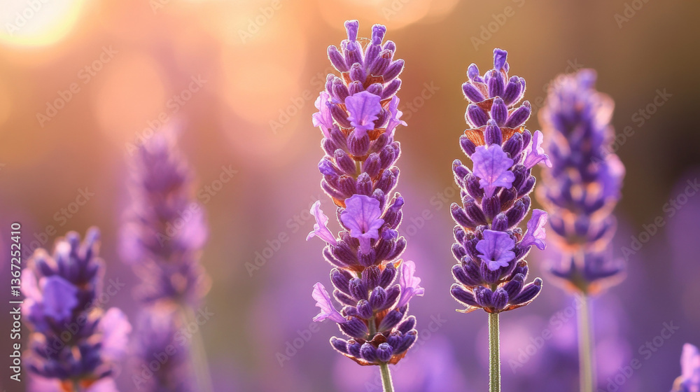 Naklejka premium A close-up of lavender flowers in a garden with vibrant purple and pink hues, capturing the beauty of summer and spring seasons with blooming herbs and plants