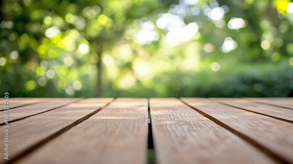 Wooden Tabletop Overlooking Green Garden Background with Bokeh Light Effect Wooden Tabletop Overlooking Green Garden Background with Bokeh Light Effect