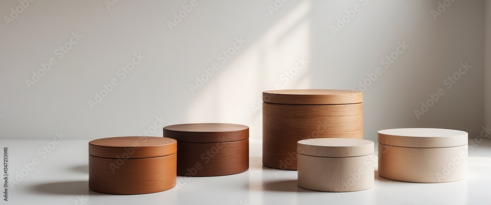 Four Round Wooden Boxes in Various Brown and Beige Shades.