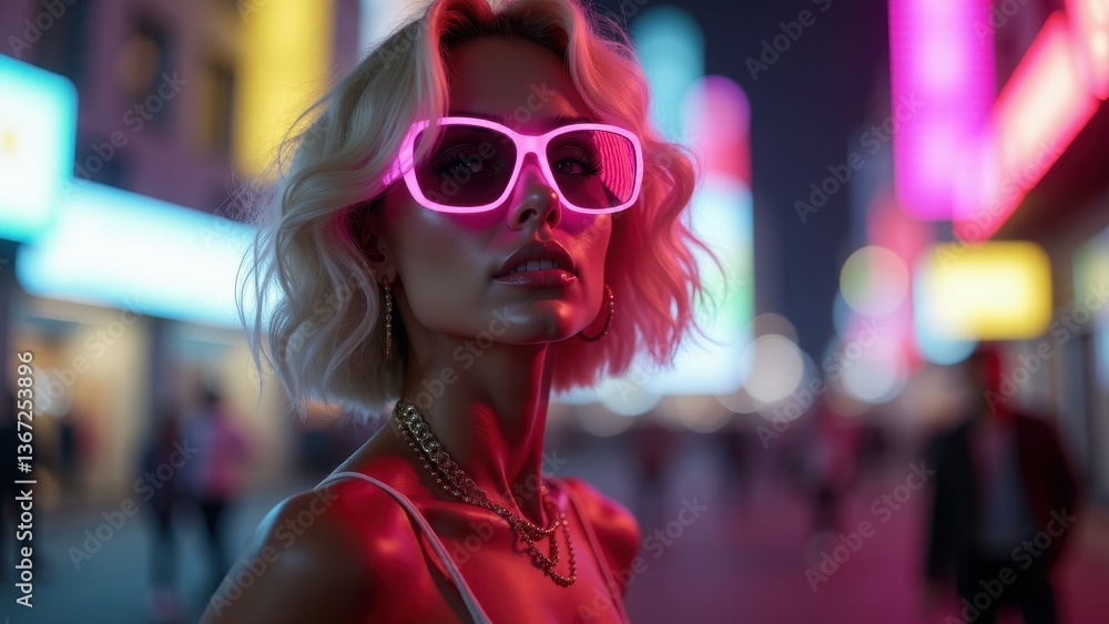 Modern fashion portrait of a confident female in oversized pink glasses, standing on a brightly illuminated urban street surrounded by colorful neon signs and blurred pedestrians. Modern fashion portrait of a confident female in oversized pink glasses, standing on a brightly illuminated urban street surrounded by colorful neon signs and blurred pedestrians.
