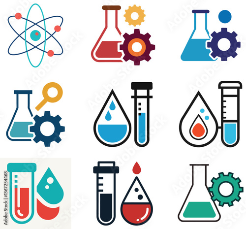Science chemistry icon set vector illustration shows laboratory equipment and glassware icons