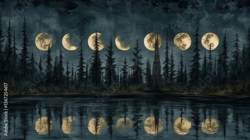 Wallpaper Mural Phases of the Moon Over a Quiet Lake Encircled by Silhouetted Pine Trees Under Starry Night Sky Torontodigital.ca