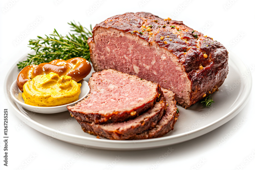 a meatloaf with mustard and herbs on a plate a meatloaf with mustard and herbs on a plate