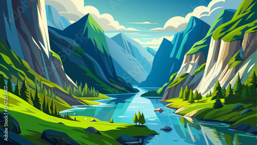 vector of picturesque Norwegian fjord surrounded by towering cliffs and crystal-clear water