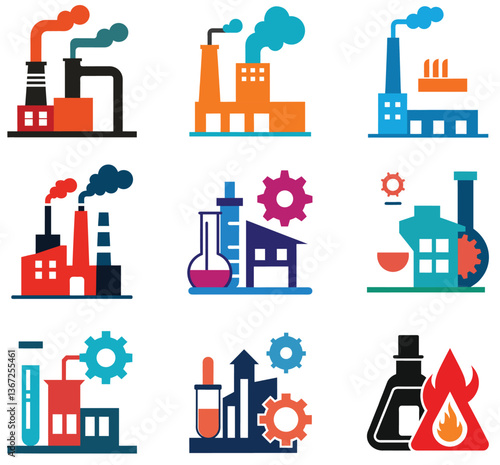 Industrial factory building icon set vector illustration features black silhouette symbols for business, power, and urban design