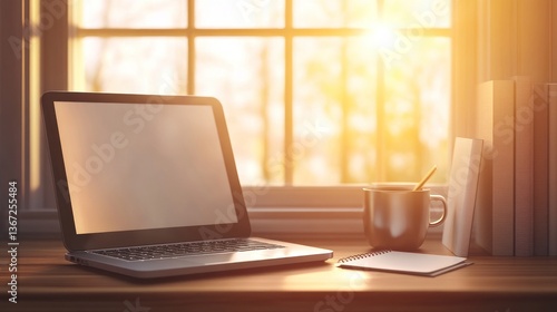 Wallpaper Mural Laptop at window, sunrise, books, coffee Torontodigital.ca