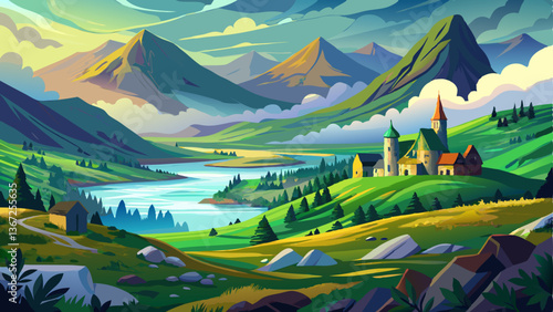 vector of magical view of the Scottish Highlands with misty mountains and vast green landscapes