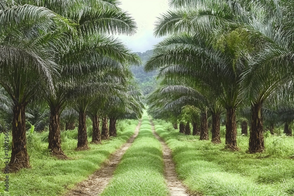 Obraz premium Oil palm plantations, neatly arranged oil palm trees, grow abundantly and become a large commodity in Indonesia 