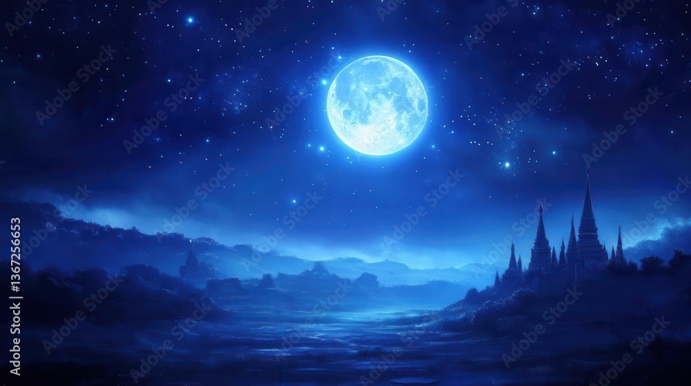 Mystical Night Sky With Full Moon Illuminating A Castle Landscape Reflected In Still Water Mystical Night Sky With Full Moon Illuminating A Castle Landscape Reflected In Still Water