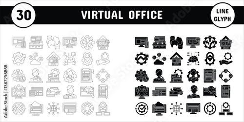 Virtual Office Line Glyph Vector Illustration Icon Sticker Set Design Materials