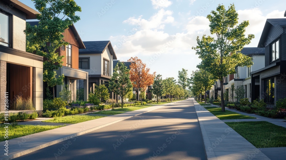Peaceful Suburban Street View By Generated AI Peaceful Suburban Street View By Generated AI