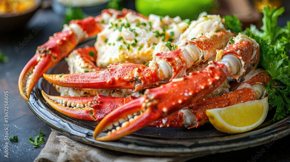 Crab legs served as part of a luxurious surf-and-turf meal Crab legs served as part of a luxurious surf-and-turf meal