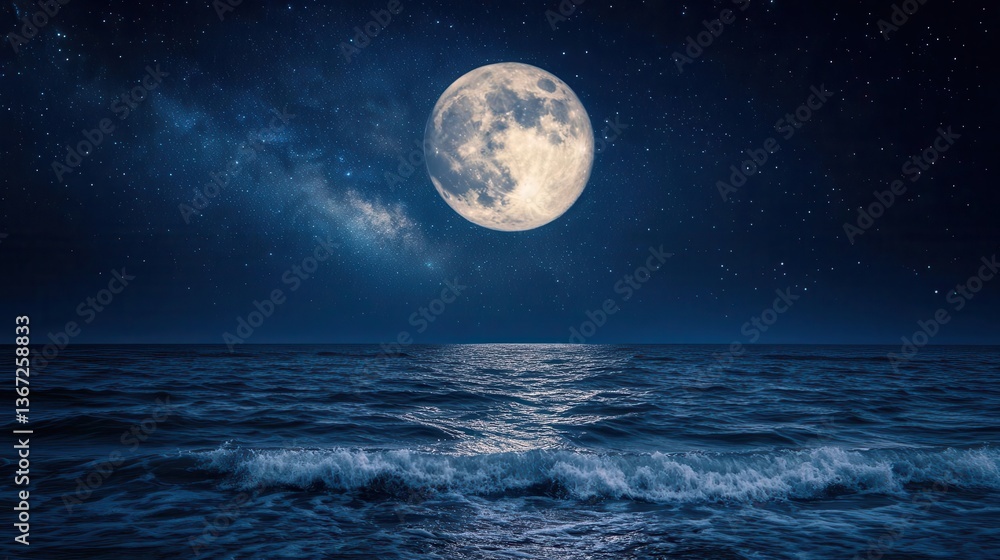 Fototapeta premium Radiant Full Moon Illuminating Serene Ocean Waves Under Starlit Night Sky