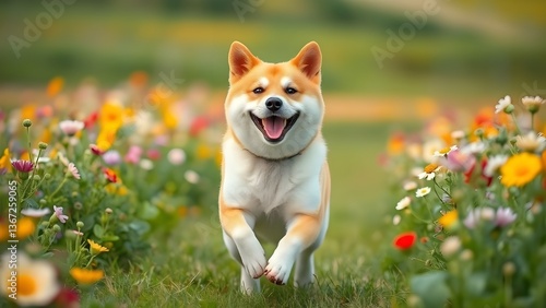 A cheerful Jindo dog running through a flower field