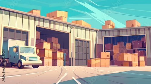 Cartoon illustration of a storage warehouse with two trucks loaded with boxes, simple flat design vector for motion graphics animation video. Open door in background, sunny day scene, ideal for logist