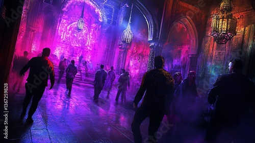 Wallpaper Mural Purple-lit gothic hall, fleeing crowd, mystical event, fantasy artwork Torontodigital.ca