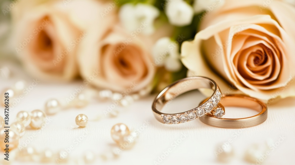 Beautiful Wedding Hands with Rings Over a Bridal Rose Bouquet Symbolic Love Moment Beautiful Wedding Hands with Rings Over a Bridal Rose Bouquet Symbolic Love Moment