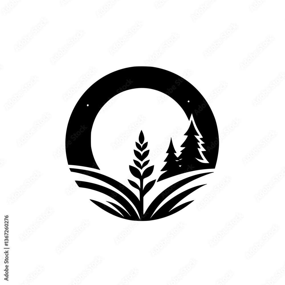 Obraz premium Monochrome Nature Emblem: Wheat, Trees, and Circle