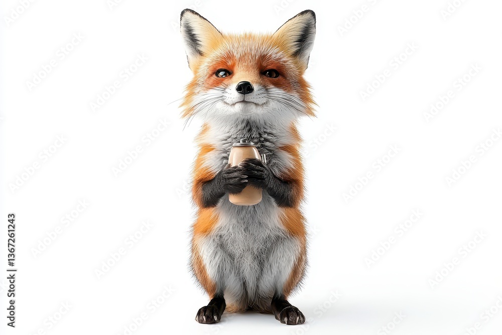 Obraz premium Calm Red Fox Holding a Small Cup Against White Background