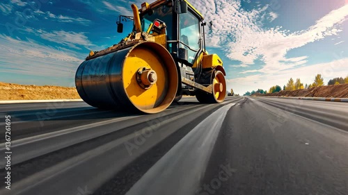 New road construction is underway as heavy machinery levels and paves the asphalt under a clear, sunny sky