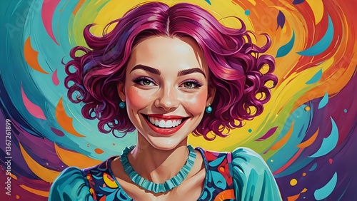 Smiling Woman with Colorful Hair and Background Celebrates Joyfully