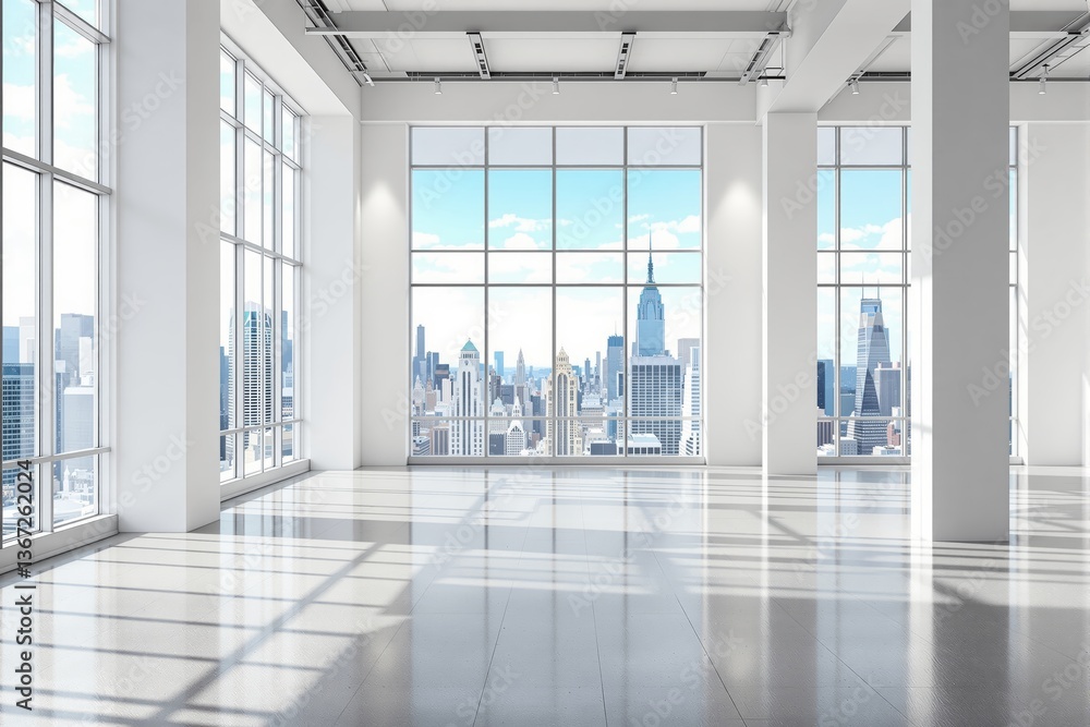 Fototapeta premium Empty modern architectural interior with large glass windows and city skyline in the background, bright minimalist space concept. Ai generative