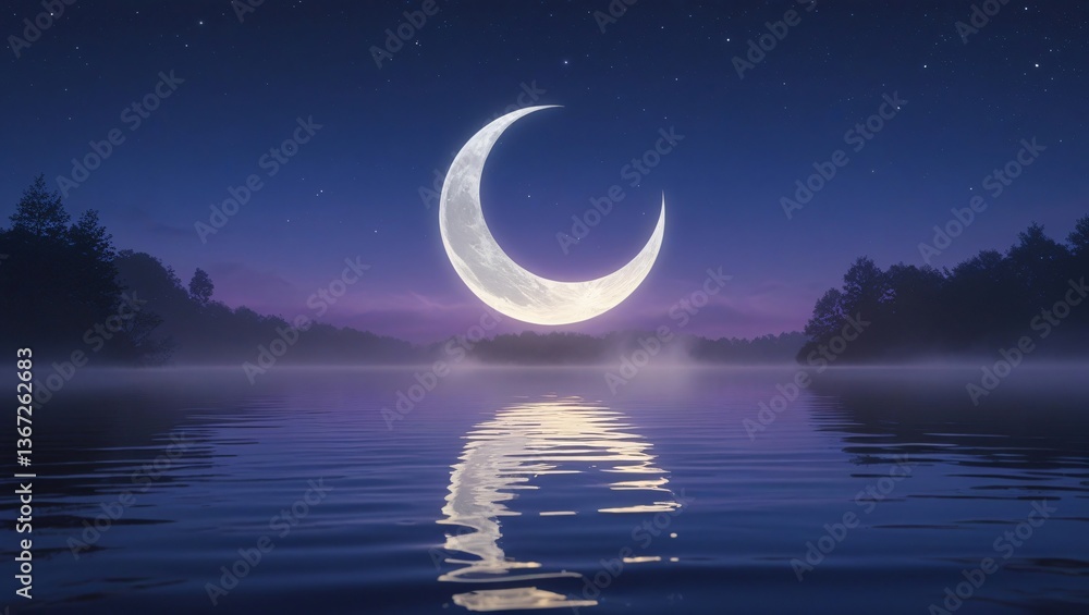 crescent moon over night lake: serene reflection and starry sky scene crescent moon over night lake: serene reflection and starry sky scene
