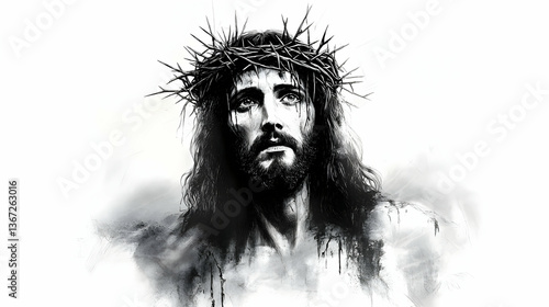 Black and White Portrait of Jesus Christ with Crown of Thorns Illustration