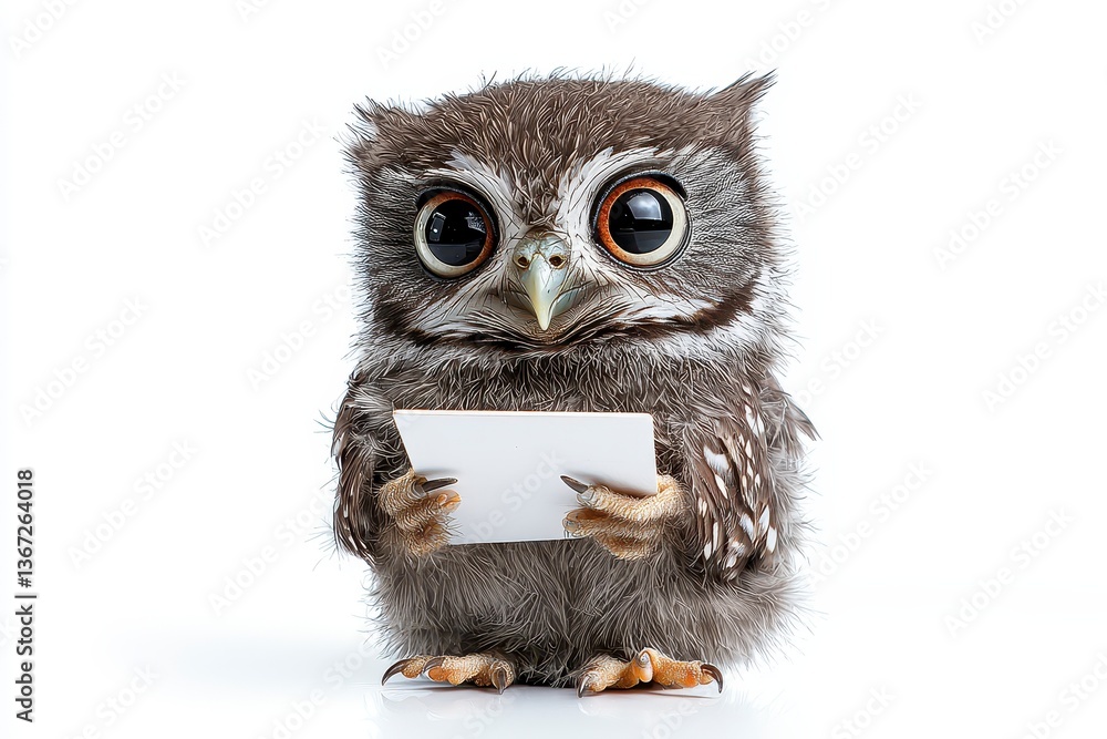 Naklejka premium Charming Brown Owl Figure Holding a Blank White Card on White Background