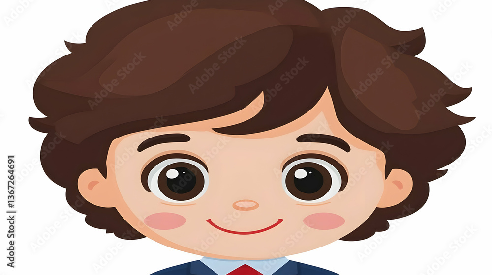 Obraz premium Cartoon Portrait Of A Young Boy With Brown Hair And Cheerful Smile On White Background