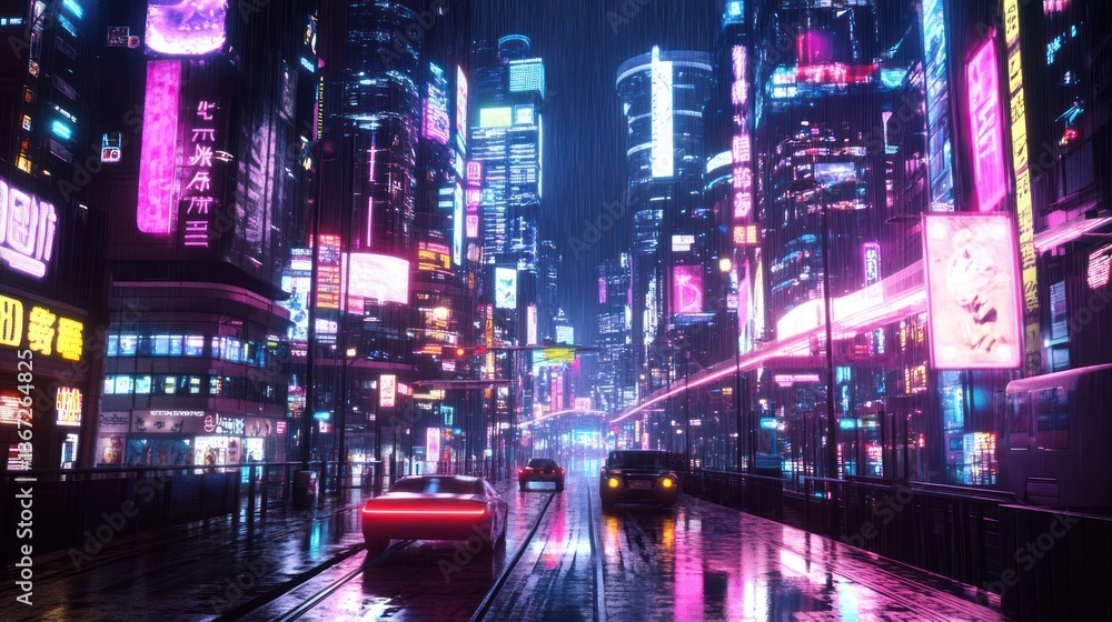Vibrant futuristic cityscape aglow with radiant neon lights under a rainy night Vibrant futuristic cityscape aglow with radiant neon lights under a rainy night