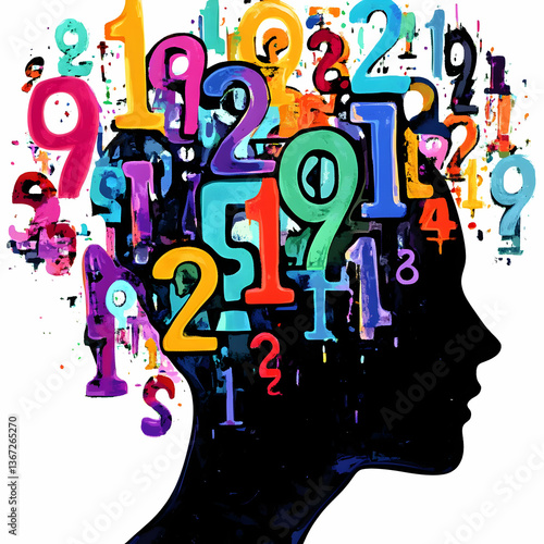 Colorful Numbers Exploding From A Silhouette Head Illustrating Thought and Ideas