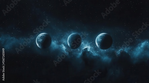 Three Celestial Bodies Floating in a Blue Nebula Within the Dark Cosmic Space