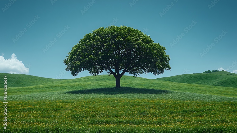Obraz premium A solitary tree stands majestically on a lush green grassy landscape