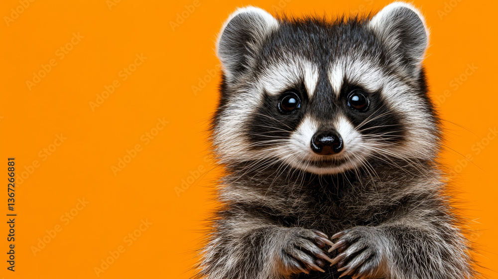 Cute raccoon with bright eyes on orange background Cute raccoon with bright eyes on orange background