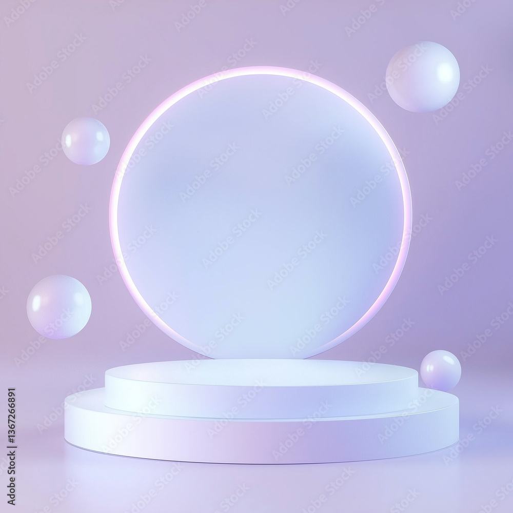 Glowing neon podium with floating spheres on violet background Glowing neon podium with floating spheres on violet background