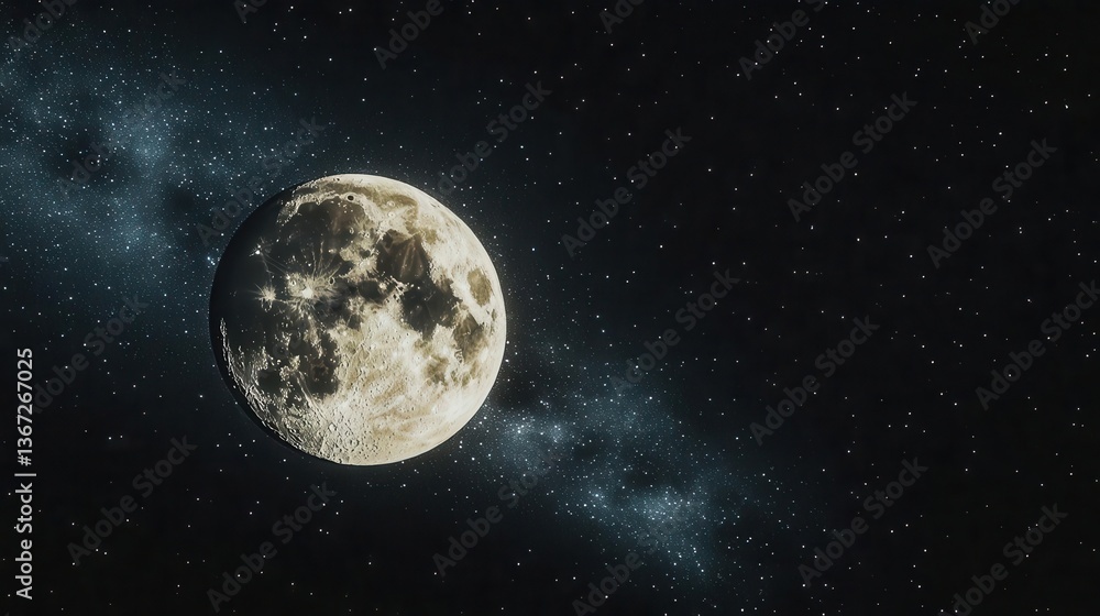 Obraz premium Vast Night Sky with a Brilliant Moon Surrounded by Stars and Cosmic Elements in Space