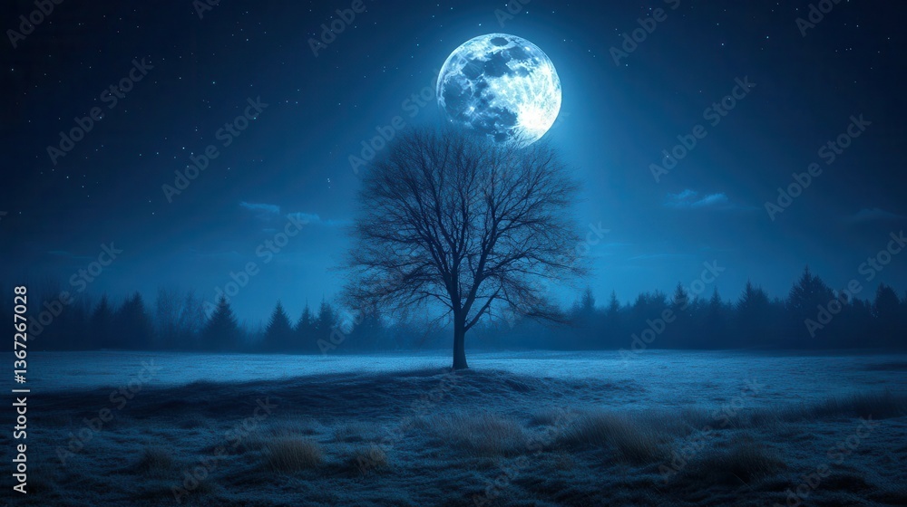 Solitary Tree Under a Bright Full Moon in a Starry Night Sky with Calm Landscape Solitary Tree Under a Bright Full Moon in a Starry Night Sky with Calm Landscape