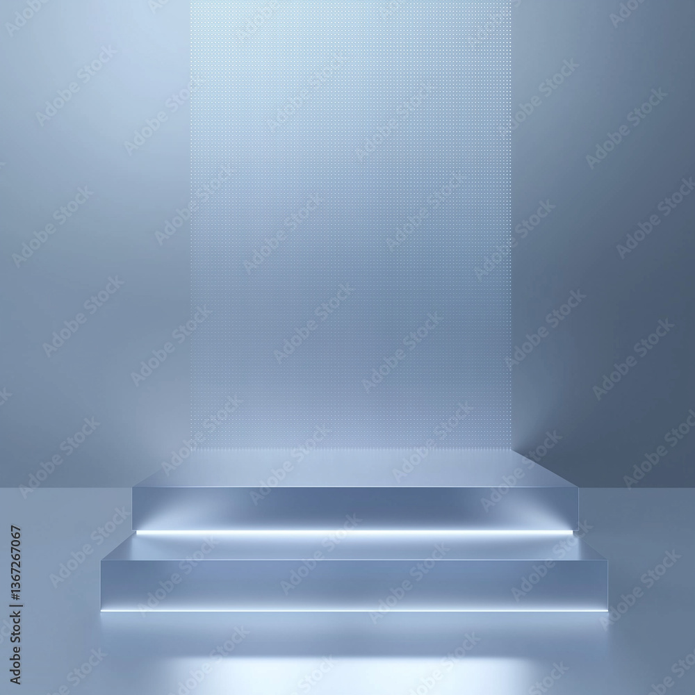 Fototapeta premium Futuristic blue podium with glowing steps and vertical wall