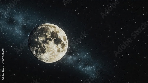 Vast Night Sky with a Brilliant Moon Surrounded by Stars and Cosmic Elements in Space