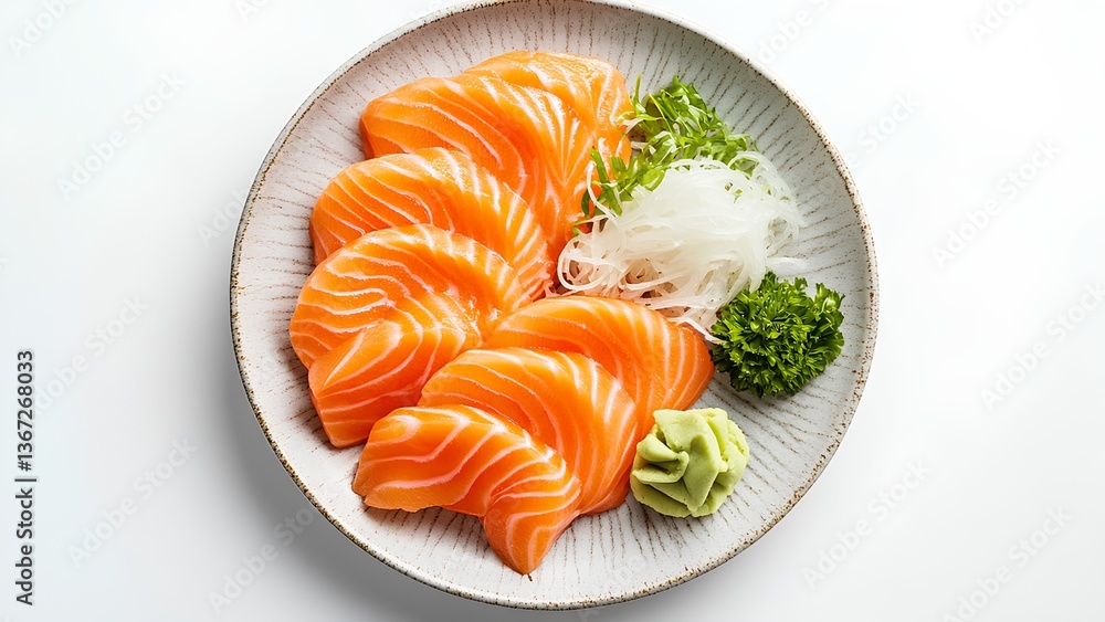 Fresh Salmon Sashimi Plated with Garnishes Fresh Salmon Sashimi Plated with Garnishes