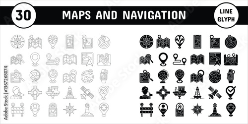Maps and Navigation Line Glyph Vector Illustration Icon Sticker Set Design Materials