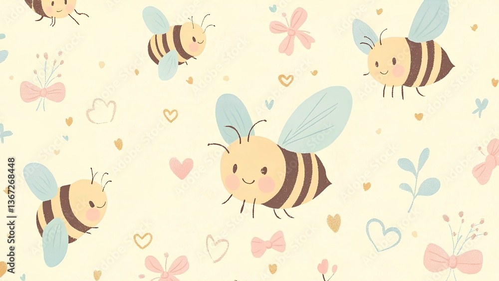 Cute Cartoon Bee Pattern with Hearts and Flowers Cute Cartoon Bee Pattern with Hearts and Flowers