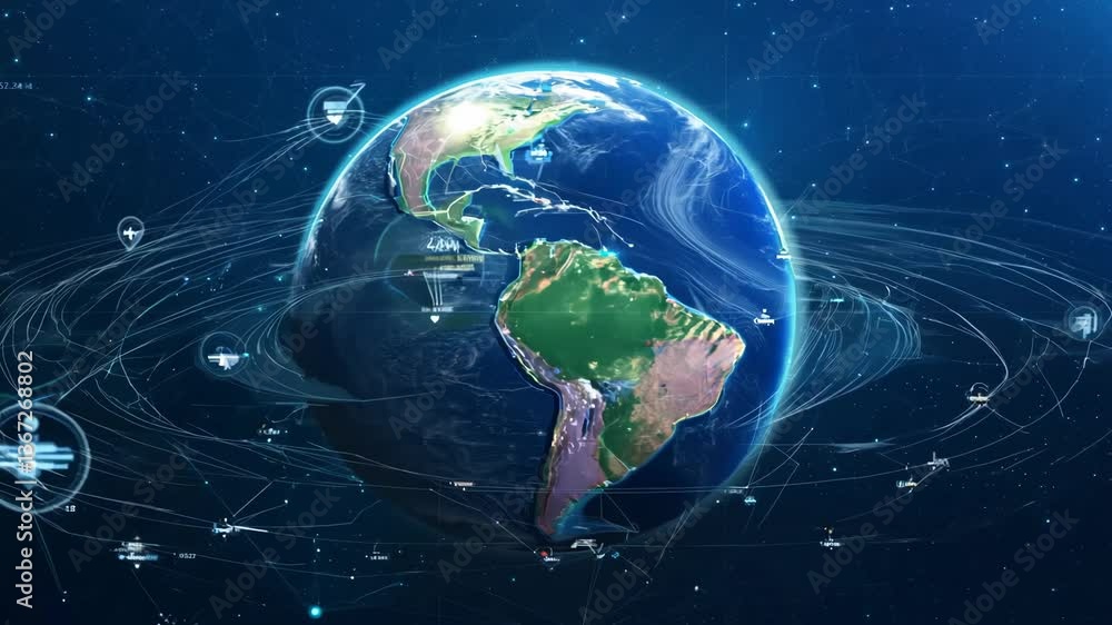 The globe showing a global network of technological and business connections The globe showing a global network of technological and business connections