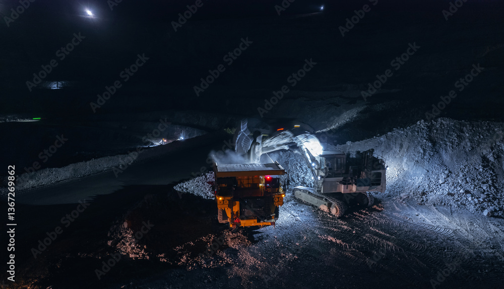 Quarry excavator works at night loading ore open pit mine, aerial top view Quarry excavator works at night loading ore open pit mine, aerial top view
