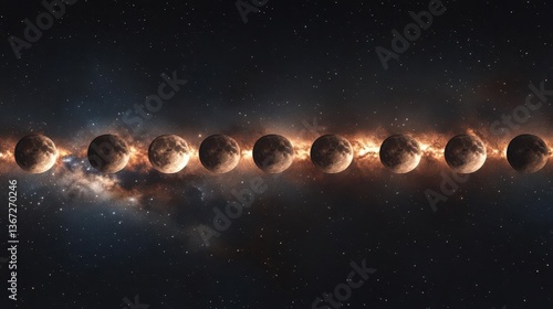 Surreal Sequence of Celestial Bodies Orbiting Through the Infinite Cosmos in a Stellar Display